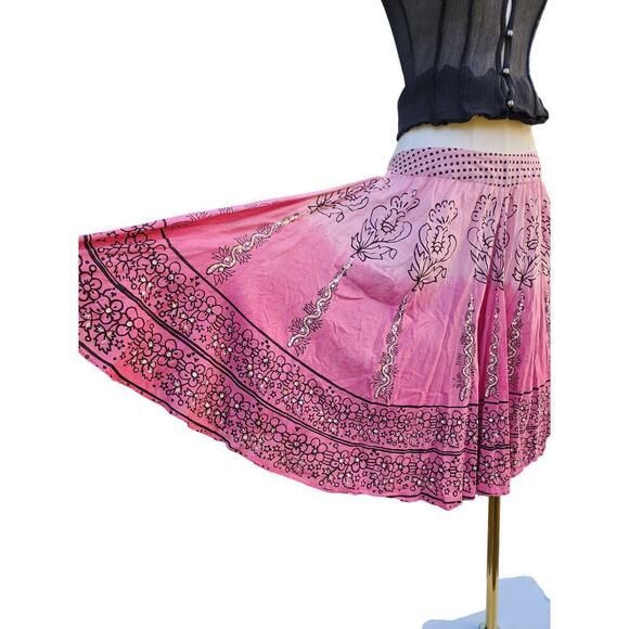 Vtg Y2k Pink Ombre Polka Dot Paisley Barbie Floral Kawaii Flowy Cotton Skirt M - Picture 3 of 8